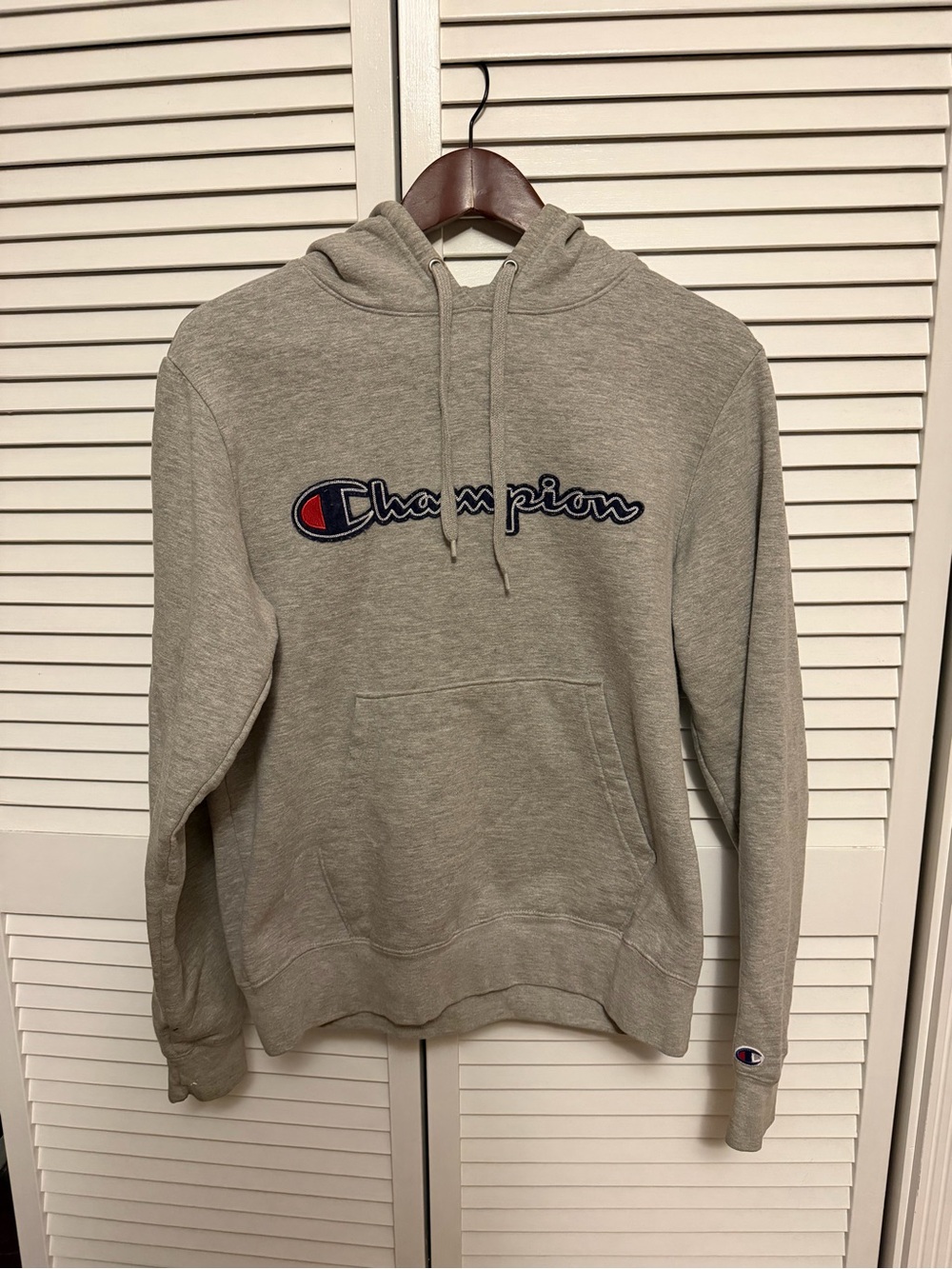 Champion Light Gray Hooded Sweatshirt with Script Logo